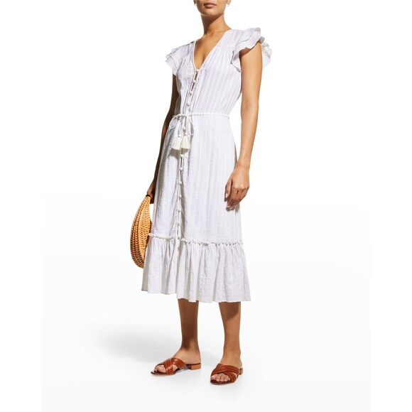 Veronica Beard Tinzia Lurex-Striped Midi Dress Ruffle Flutter Sleeve XS 281110 - Picture 2 of 7